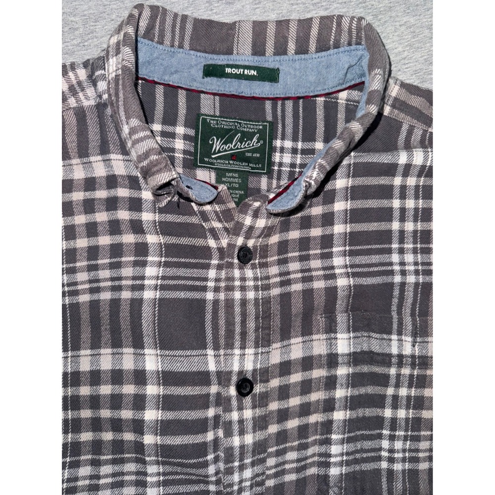 Woolrich Mens Gray Plaid Flannel Shirt Size XL Soft Feel Trout Run Lumberjack